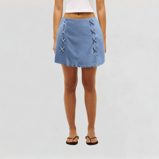 Sky blue lace decorated denim mini skirt