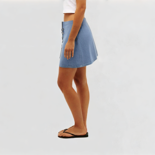 Sky blue lace decorated denim mini skirt