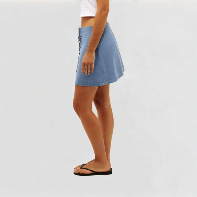 Sky blue lace decorated denim mini skirt