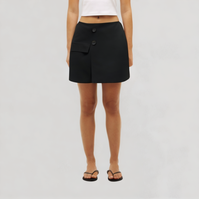 High waist asymmetrical button front skirt black wrap skirt