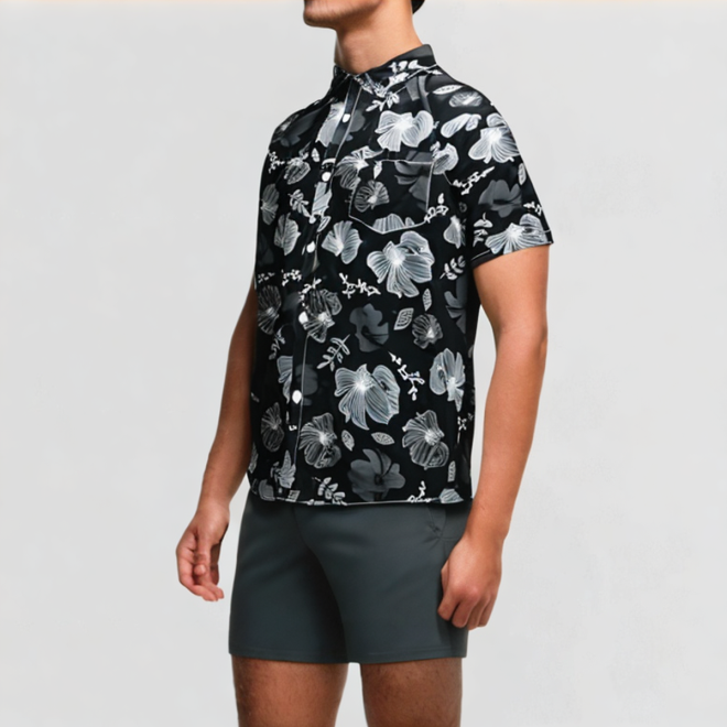 Cuban collar leaf print oversized T-shirt
