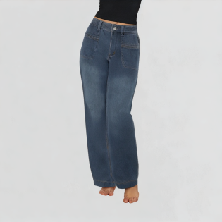 Versatile High-Waisted Dark Blue Denim Wide-Leg Pants