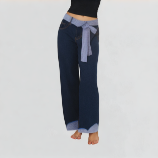 Plaid Tie Bow Wide-Leg Jeans