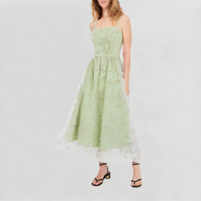 Elegant floral embroidered suspender dress