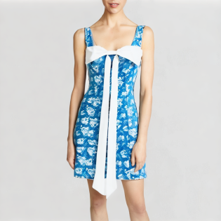 Floral denim print sleeveless A-line dress