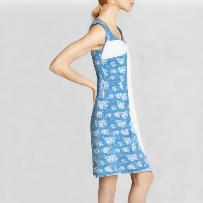 Floral denim print sleeveless A-line dress