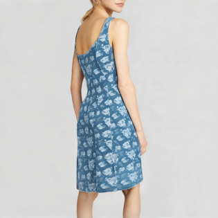Floral denim print sleeveless A-line dress