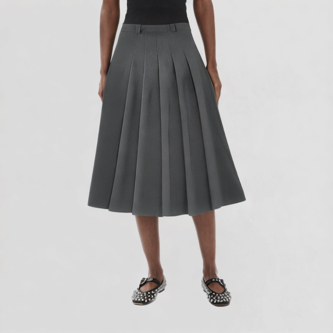 Grey Pleated High Waist Long Skirt