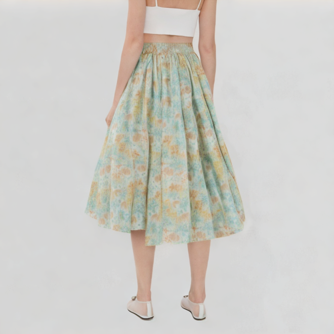 Floral Half Elastic Waist Skirt
